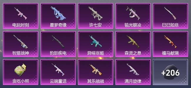 和平精英1载具 15升级枪 6粉装 2尾迹 210枪皮 160套装 63870热力 9印记