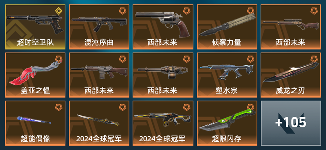 无畏契约24橙皮 1金皮 10紫皮 119皮肤 51660皮肤总价值 1355已用源晶 钻石