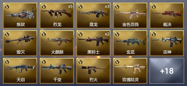 穿越火线（CF）5王者武器 1炫金武器 33V武器 1V角色 11皮肤 可排位 新锐