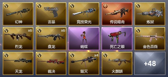 穿越火线（CF）1传说武器 5王者武器 4炫金武器 71V武器 3V角色 20皮肤 可排位 新锐