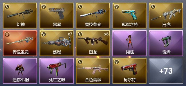 穿越火线（CF）1传说武器 1王者武器 1炫金武器 83V武器 1V角色 29皮肤 可排位