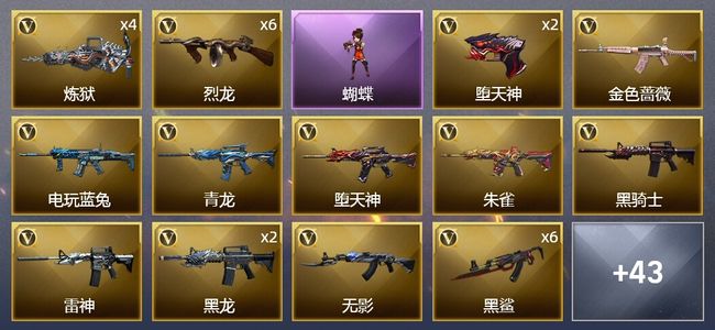 穿越火线（CF）6王者武器 1炫金武器 84V武器 2V角色 11皮肤 可排位 专家