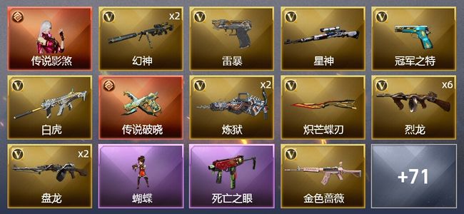 穿越火线（CF）1传说角色 1传说武器 2王者武器 2炫金武器 101V武器 2V角色 32皮肤 可排位 新锐