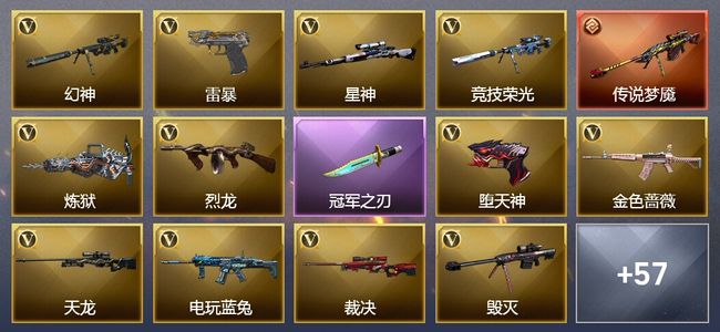 穿越火线（CF）1传说武器 11王者武器 1炫金武器 120V武器 43V角色 25皮肤 可排位