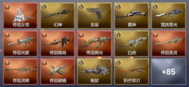 穿越火线（CF）1传说角色 6传说武器 17王者武器 6炫金武器 124V武器 40V角色 39皮肤 可排位