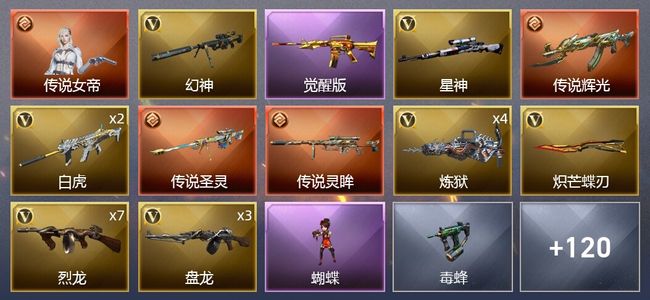 穿越火线（CF）1传说角色 3传说武器 7王者武器 6炫金武器 161V武器 6V角色 52皮肤 可排位 新锐
