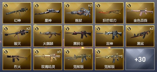 穿越火线（CF）3王者武器 2炫金武器 51V武器 1V角色 16皮肤 可排位 枪王