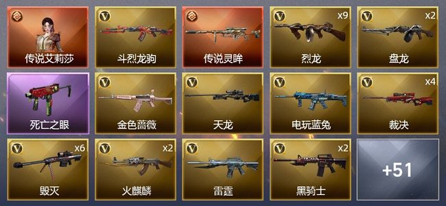 穿越火线（CF）1传说角色 1传说武器 3王者武器 2炫金武器 122V武器 3V角色 18皮肤 可排位 新锐