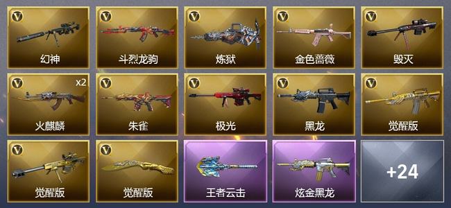 穿越火线（CF）1王者武器 1炫金武器 43V武器 1V角色 12皮肤 可排位