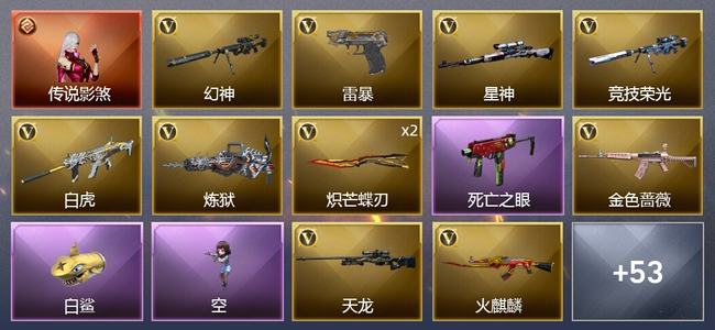 穿越火线（CF）1传说角色 1传说武器 2王者武器 1炫金武器 79V武器 6V角色 25皮肤 可排位 新锐