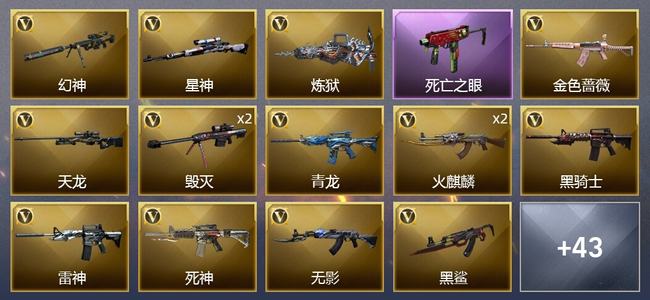 穿越火线（CF）0传说角色 0传说武器 2王者武器 2炫金武器 43V武器 2V角色 12皮肤 传奇