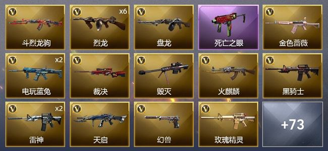 穿越火线（CF）0传说角色 0传说武器 2王者武器 2炫金武器 74V武器 3V角色 13皮肤 新锐