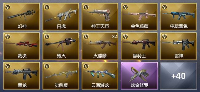 穿越火线（CF）0传说角色 0传说武器 1王者武器 1炫金武器 41V武器 3V角色 23皮肤 新锐