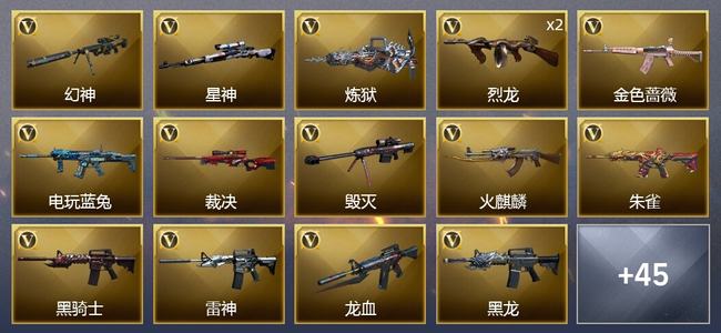 穿越火线（CF）0传说角色 0传说武器 1王者武器 1炫金武器 49V武器 1V角色 13皮肤 新锐
