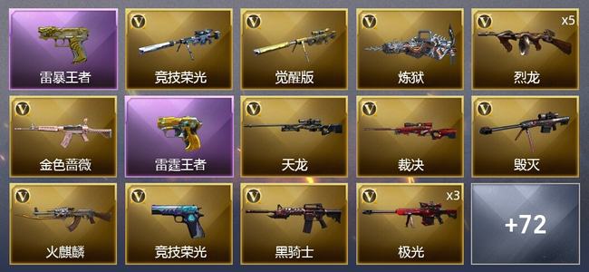 穿越火线（CF）0传说角色 1传说武器 10王者武器 6炫金武器 66V武器 8V角色 16皮肤 新锐