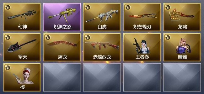 穿越火线（CF）0传说角色 0传说武器 1王者武器 0炫金武器 6V武器 2V角色 1皮肤 新锐