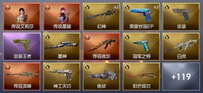 穿越火线（CF）2传说角色 4传说武器 9王者武器 1炫金武器 178V武器 13V角色 69皮肤 新锐