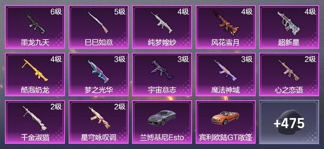 和平精英3载具 12升级枪 9粉装 6飞行器 286枪皮 177套装 104236热力 14印记 星钻