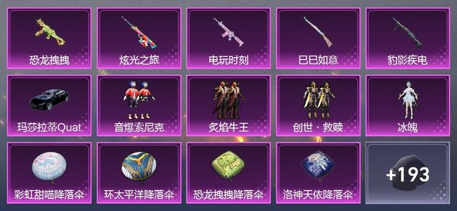 和平精英1载具 5升级枪 4粉装 1尾迹 119套装 56877热力 7印记
