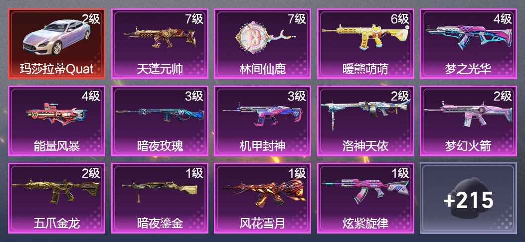 和平精英4载具 13升级枪 22粉装 178枪皮 144套装 75680热力 9印记