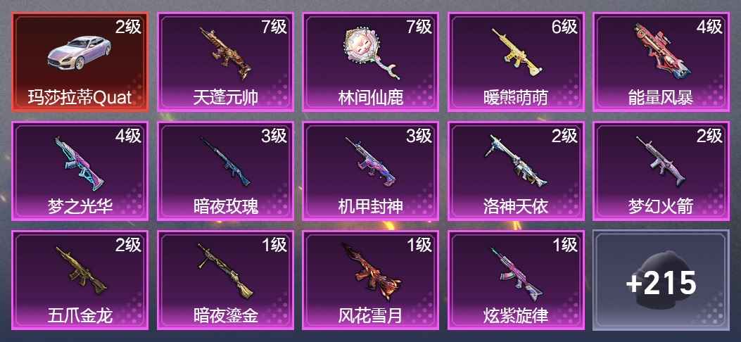和平精英4载具 13升级枪 22粉装 178枪皮 144套装 75680热力 9印记