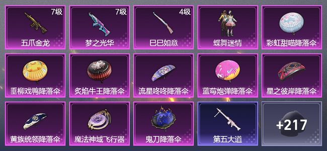 和平精英3升级枪 1粉装 1尾迹 123枪皮 100套装 44036热力 16印记