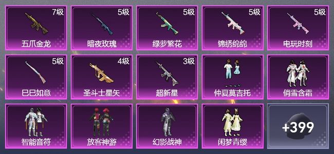 和平精英8升级枪 6粉装 1飞行器 221枪皮 201套装 74649热力 8印记
