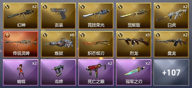 穿越火线（CF）1传说武器 3王者武器 2炫金武器 214V武器 7V角色 49皮肤 可排位 新锐