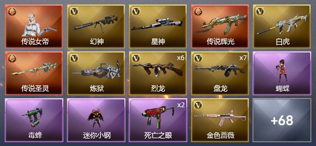 穿越火线（CF）1传说角色 2传说武器 3王者武器 2炫金武器 102V武器 3V角色 24皮肤 可排位 传奇