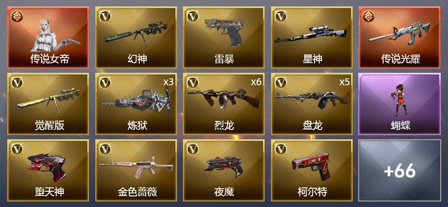 穿越火线（CF）1传说角色 1传说武器 3王者武器 4炫金武器 165V武器 4V角色 23皮肤 可排位 新锐