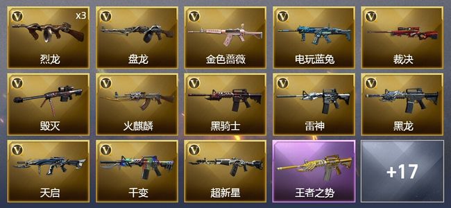 穿越火线（CF）5王者武器 3炫金武器 25V武器 1V角色 17皮肤 可排位 传奇