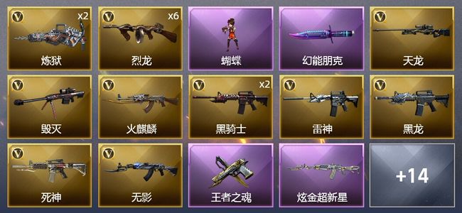 穿越火线（CF）1王者武器 3炫金武器 25V武器 2V角色 13皮肤 可排位 枪王