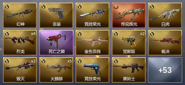 穿越火线（CF）1传说武器 2王者武器 2炫金武器 101V武器 3V角色 22皮肤 可排位 新锐