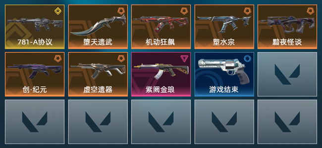 无畏契约1金皮 7橙皮 1紫皮 13皮肤 1,5400皮肤总价值 410已用源晶 青铜