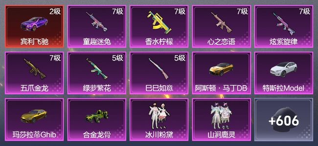 和平精英5载具 7升级枪 21粉装 11飞行器 343枪皮 265套装 143467热力 20印记 星钻