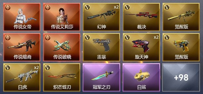 穿越火线（CF）2传说角色 2传说武器 4王者武器 5炫金武器 172V武器 8V角色 46皮肤 可排位