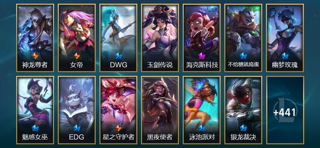 英雄联盟（LOL）1终极 6神话 13臻彩 63限定 36传说 454皮肤 353炫彩 172英雄 大师