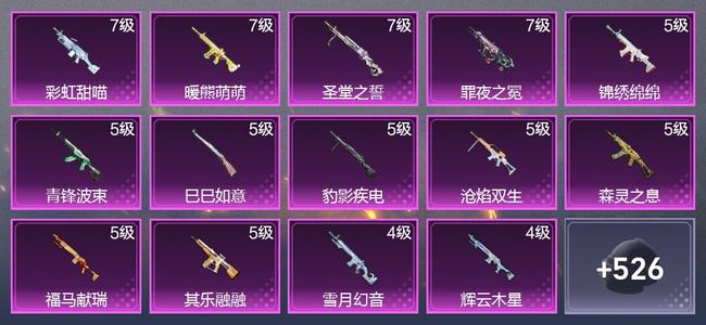 和平精英4载具 17升级枪 11粉装 8尾迹 327枪皮 202套装 10,4883热力 19印记 星钻