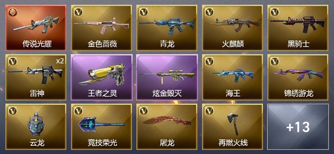 穿越火线（CF）1传说武器 1王者武器 1炫金武器 19V武器 1V角色 7皮肤 可排位 新锐