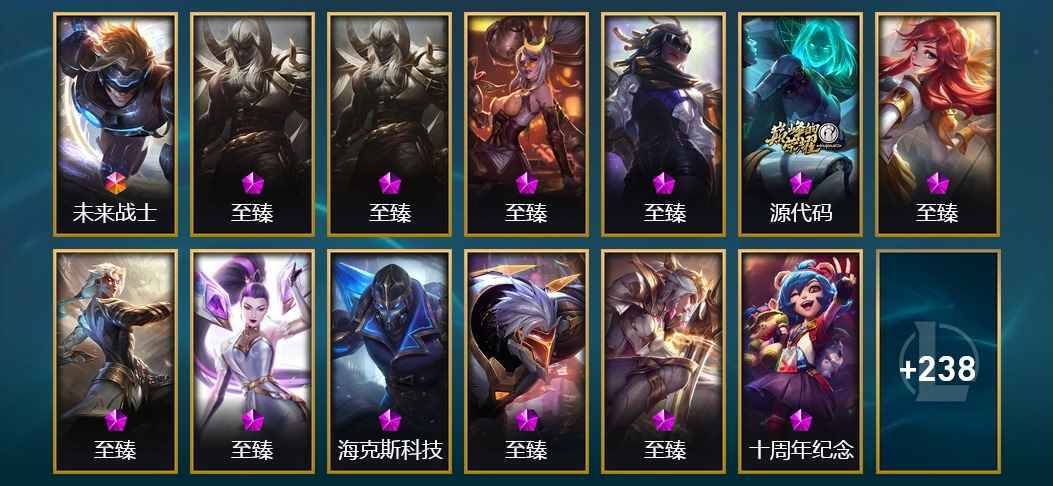 英雄联盟（LOL）1终极 14神话 25限定 38传说 72史诗 251皮肤 145炫彩 167英雄