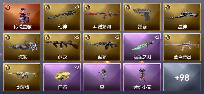穿越火线（CF）1传说角色 8王者武器 1炫金武器 127V武器 10V角色 52皮肤 可排位 枪王