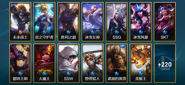 英雄联盟（LOL）1终极 1臻彩 50限定 25传说 64史诗 233皮肤 27炫彩 170英雄 黄金