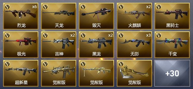穿越火线（CF）1传说武器 1王者武器 1炫金武器 55V武器 1V角色 13皮肤 可排位 新锐