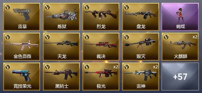 穿越火线（CF）1传说武器 5王者武器 6炫金武器 73V武器 2V角色 10皮肤 可排位