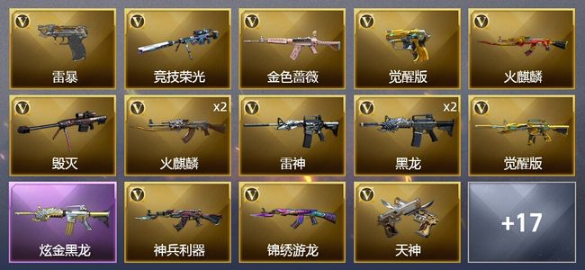 穿越火线（CF）1王者武器 1炫金武器 25V武器 2V角色 14皮肤 可排位