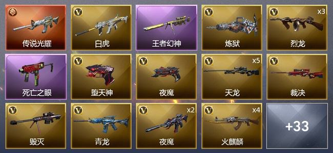 穿越火线（CF）0传说角色 1传说武器 5王者武器 1炫金武器 69V武器 3V角色 4皮肤 新锐