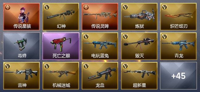 穿越火线（CF）1传说角色 1传说武器 1王者武器 1炫金武器 47V武器 2V角色 14皮肤 传奇