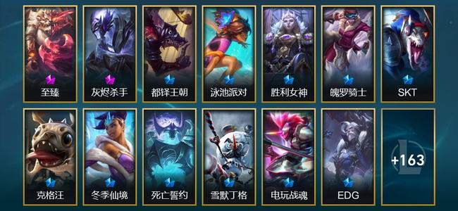 英雄联盟（LOL）1神话 8臻彩 17限定 19传说 177皮肤 70炫彩 173英雄