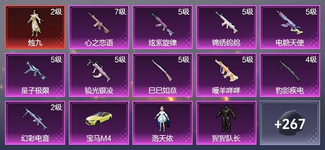 和平精英1载具 10升级枪 5粉装 1飞行器 166枪皮 114套装 55649热力 11印记 星钻