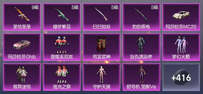 和平精英2载具 4升级枪 9粉装 1飞行器 243枪皮 194套装 79892热力 12印记 星钻